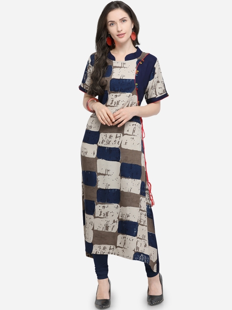 

Stylee LIFESTYLE Women Navy Blue & Taupe Printed A-Line Asymmetric Kurta