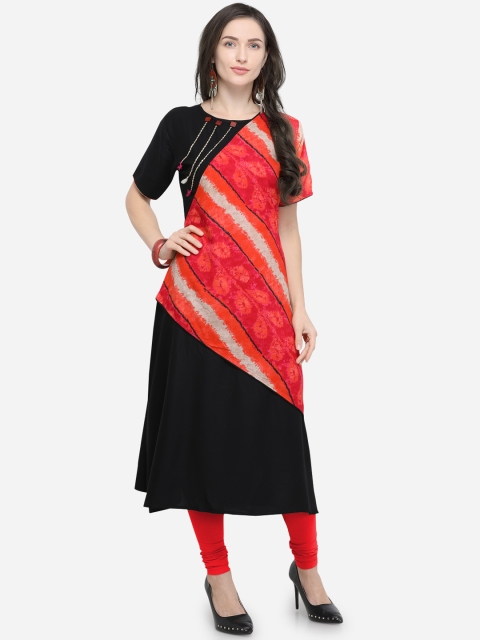 

Stylee LIFESTYLE Women Black & Orange Printed A-Line Kurta