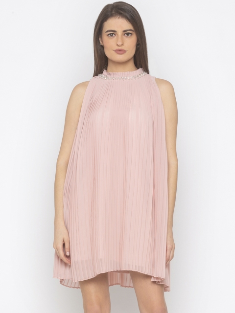 

Iti Women Pink Solid Accordion Pleat Shift Dress