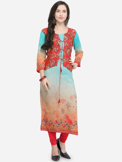 

Stylee LIFESTYLE Women Red & Blue Floral Print Straight Kurta
