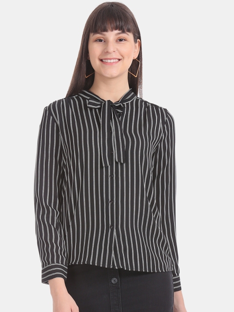 

ELLE Women Black & White Striped Shirt Style Top