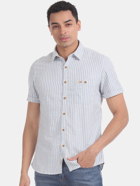 

U.S. Polo Assn. Denim Co. Men White & Blue Slim Fit Striped Casual Shirt