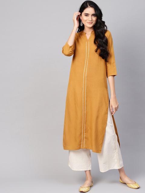 

Varanga Women Mustard Solid Straight Kurta