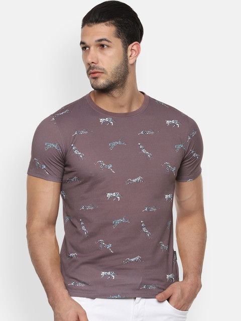 

V Dot Men Taupe Grey Printed Slim Fit Round Neck Pure Cotton T-shirt