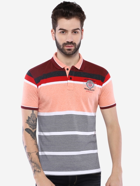 

Duke Men Peach-Coloured & Navy Striped Polo Collar T-shirt