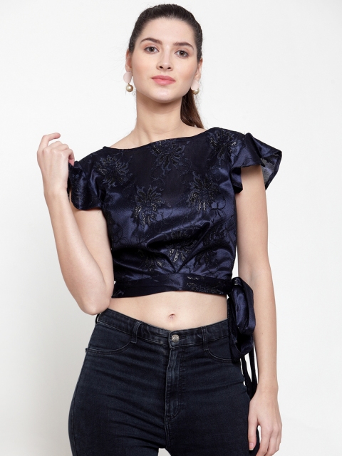 

Just Wow Women Navy Blue Lace Crop Top