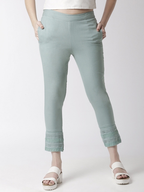 De Moza Women Sea Green Slim Fit Solid Cigarette Trousers