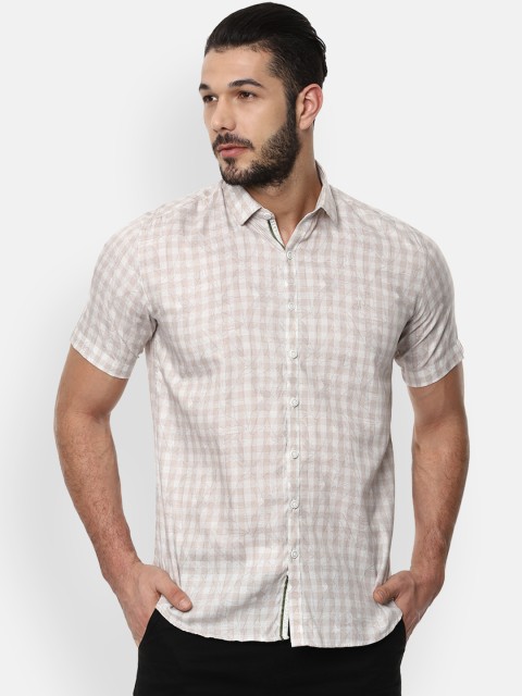 

V Dot Men Beige Slim Fit Checked Casual Shirt