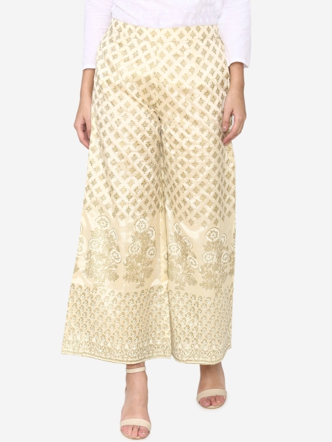

Laabha Women Cream-Coloured & Beige Printed Wide Leg Palazzos