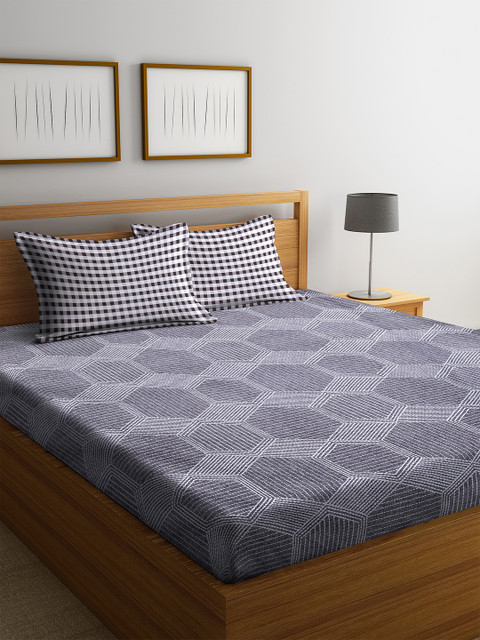 

DREAM WEAVERZ Grey & White Geometric 300 TC Cotton 1 King Bedsheet with 2 Pillow Covers