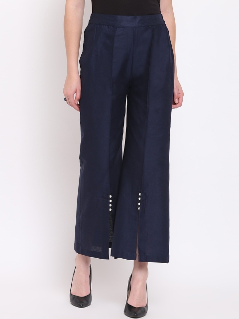 

RIVI Women Navy Blue Solid Straight Linen Palazzos