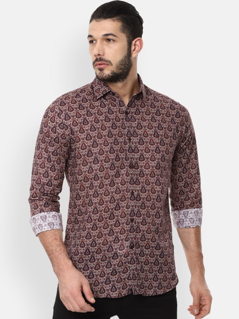 

V Dot Men Maroon & Beige Slim Fit Printed Cotton Linen Casual Shirt