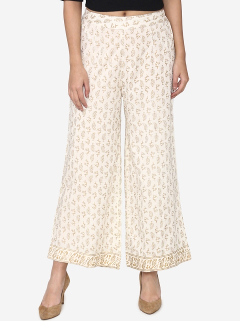 

Laabha Women Off-White & Gold-Coloured Printed Flared Palazzos