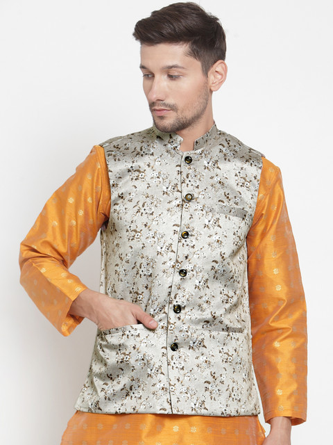 

KLOTTHE Men Grey & Olive Green Printed Satin Nehru Jacket