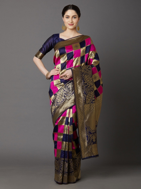 

Mitera Navy Blue & Pink Checked Banarasi Saree