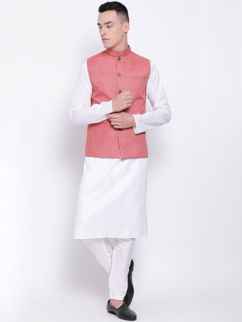 

DEVOILER Men White & Pink Solid Kurta with Pyjamas & Nehru Jacket