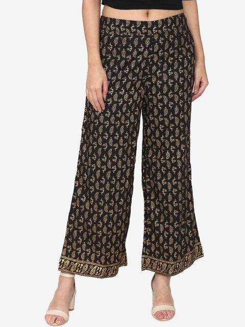 

Laabha Women Black & Gold-Coloured Printed Flared Palazzos