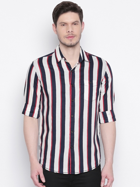 

Mufti Men White & Navy Blue Slim Fit Striped Casual Shirt