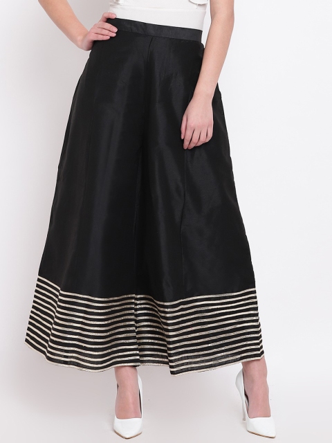 

RIVI Women Black Solid Wide Leg Silk Palazzos