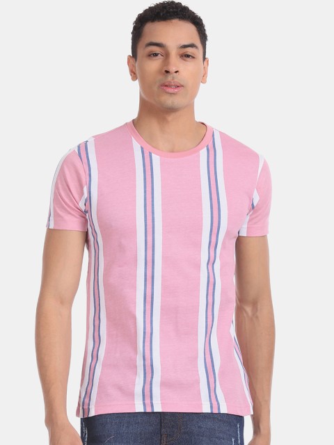 

Aeropostale Men Pink White Striped Round Neck Pure Cotton T-shirt
