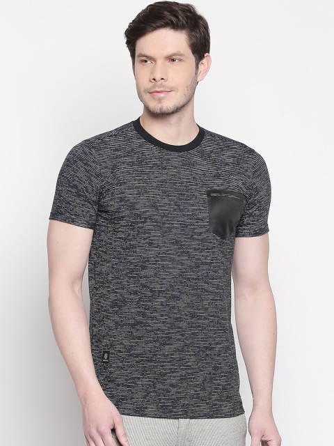 

Mufti Men Black & White Striped Round Neck Slim Fit T-shirt
