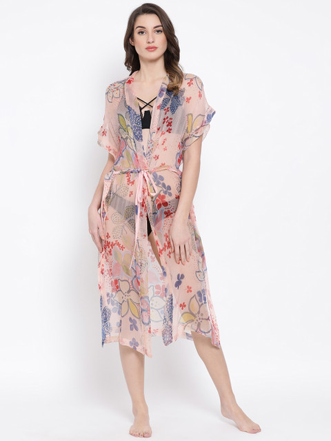 

Oxolloxo Women Peach Coloured & Blue Printed Semi Sheer Cover-Up Dress S20087WBW001, Multi
