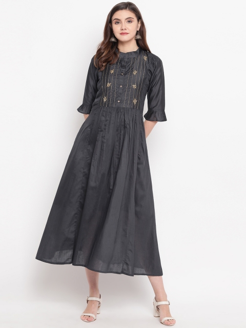 

Kvsfab Women Black Embroidered Fit and Flare Dress