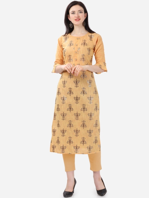 

Kvsfab Women Yellow & Brown Printed Straight Kurta