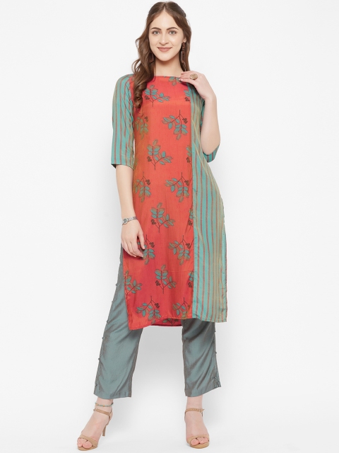 

breya Women Orange & Sea Green Printed Straight Kurta
