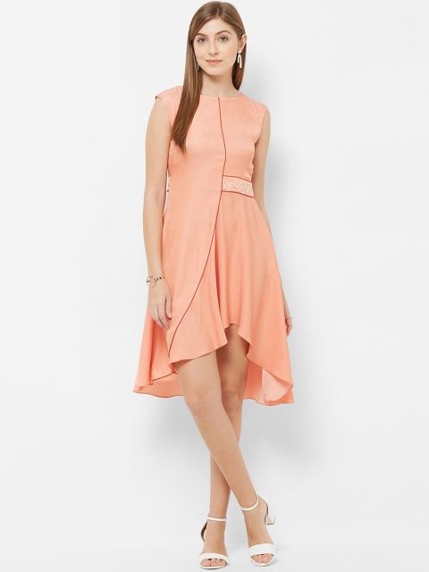 

Soie Women Peach-Coloured Solid Fit and Flare Dress