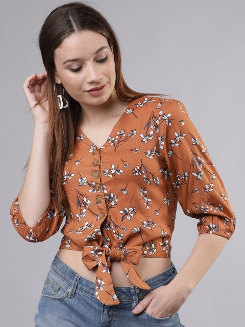 

Tokyo Talkies Women Rust Brown Floral Printed Top