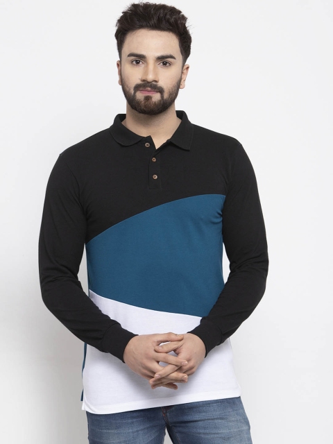 

Kalt Men Black & Blue Colourblocked Polo Collar T-shirt