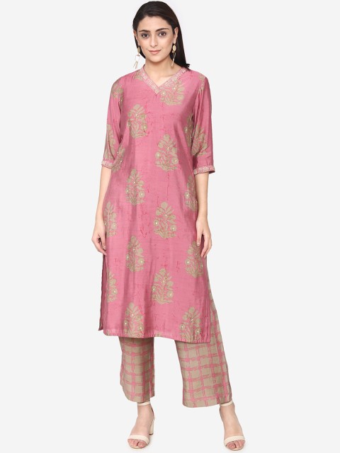 

Laabha Women Pink & Taupe Woven Design Kurta with Palazzos