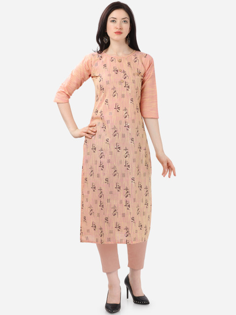 

Kvsfab Women Peach-Coloured & Brown Printed Straight Kurta