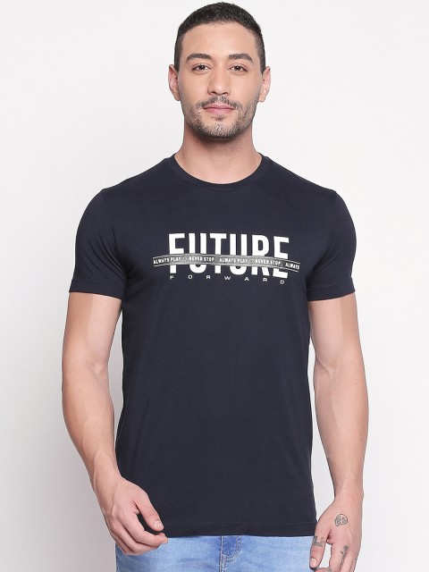

Mufti Men Navy Blue Printed Slim Fit Round Neck Pure Cotton T-shirt