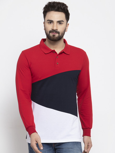 

Kalt Men Red & Navy Blue Colourblocked Polo Collar T-shirt