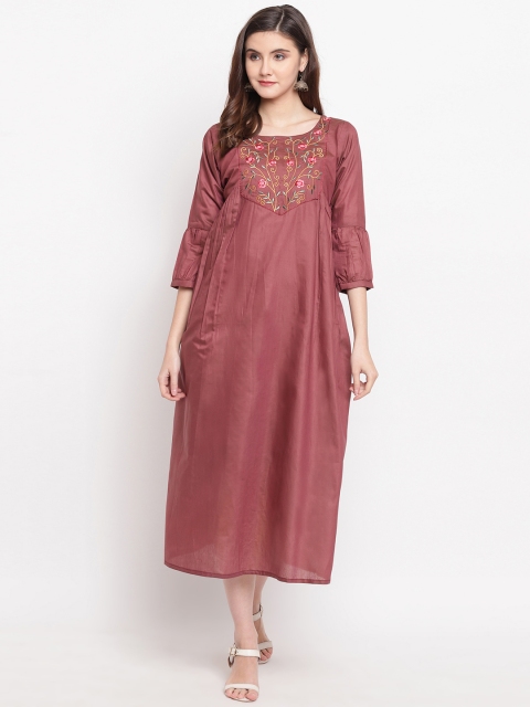 

Kvsfab Women Burgundy Embroidered Fit and Flare Dress