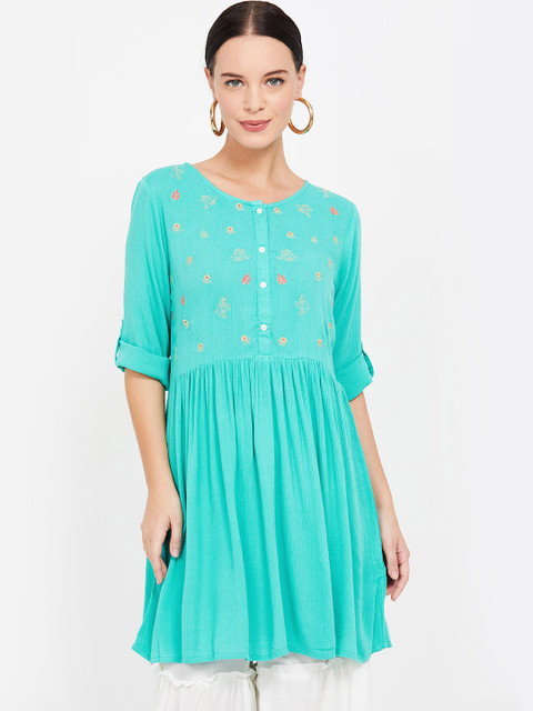 

Colour Me by Melange Women Sea Green Embroidered A-Line Tunic