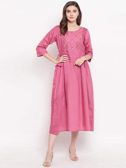 

Kvsfab Women Pink Embroidered Fit and Flare Dress
