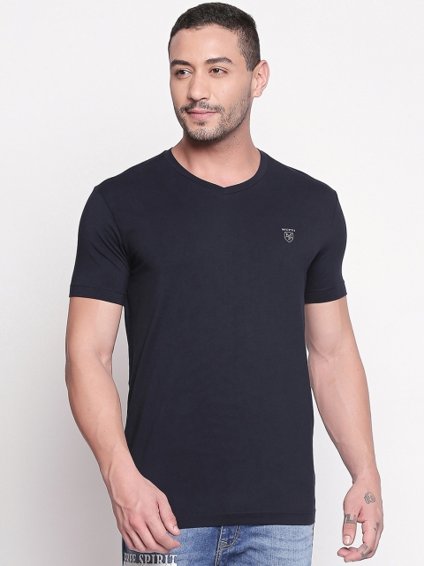 

Mufti Men Navy Blue Solid Slim Fit V-Neck T-shirt