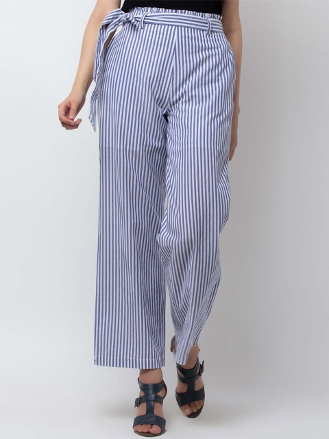 DODO & MOA Women Blue & White Regular Fit Striped Parallel Trousers