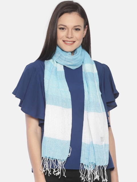 

Linen Club Women Turquoise Blue & White Linen Colourblocked Stole