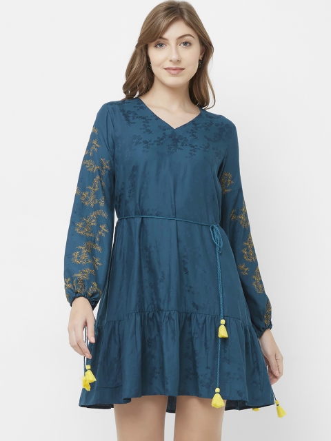 

Soie Women Teal Blue Printed Fit and Flare Dress