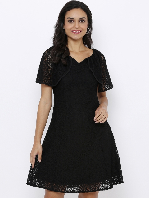 

Soie Women Black Self Design Fit and Flare Dress
