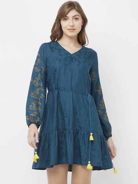 

Soie Women Teal Blue Printed Fit and Flare Dress