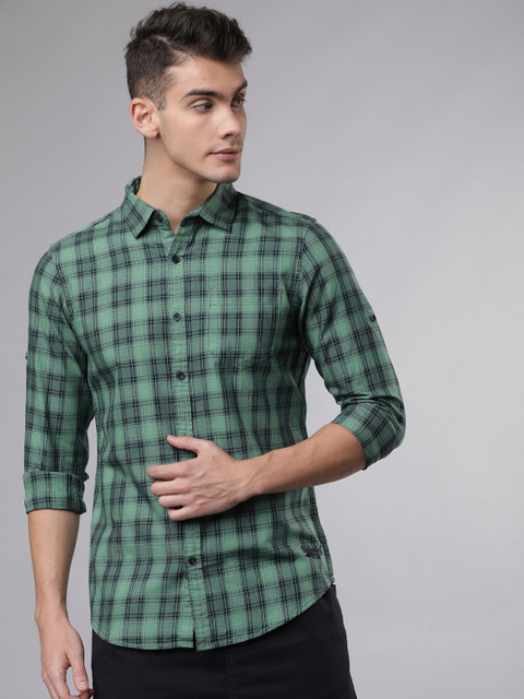 

Ecko Unltd Men Green & Navy Blue Slim Fit Yarn Dyed Checked Casual Shirt