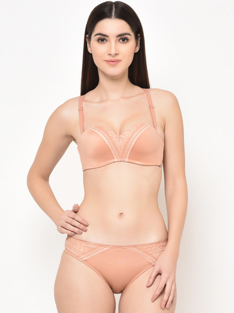 

Da Intimo Peach-Coloured Lace Lightly Padded Non-Wired Styled Back Lingerie Set DI-1252