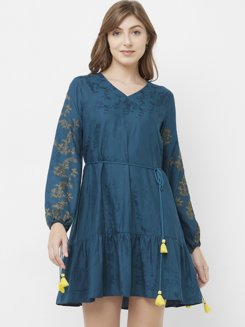 

Soie Women Teal Blue Printed Fit and Flare Dress