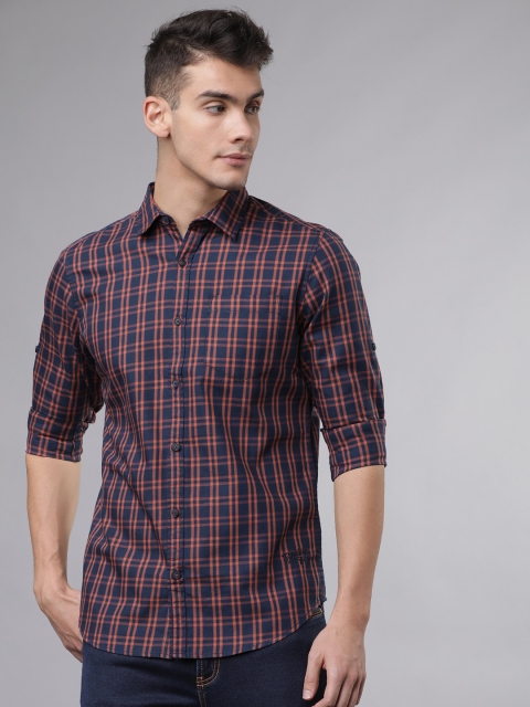 

Ecko Unltd Men Navy Blue & Peach Slim Fit Checked Casual Shirt