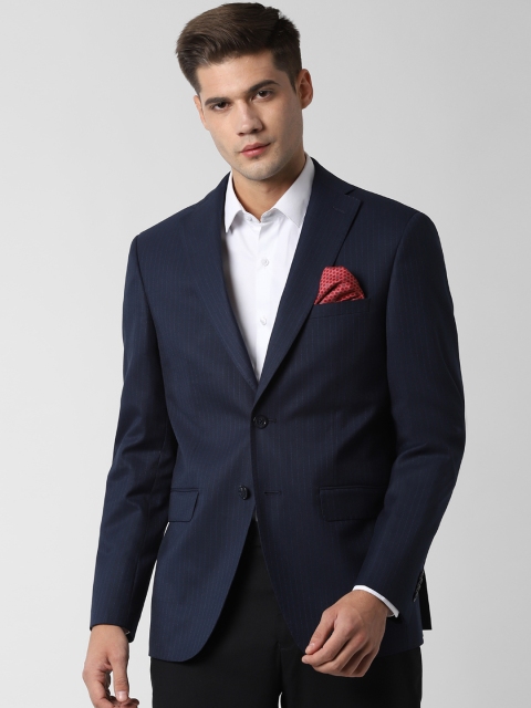 

Peter England Men Navy Blue Striped Slim-Fit Single-Breasted Casual Blazer
